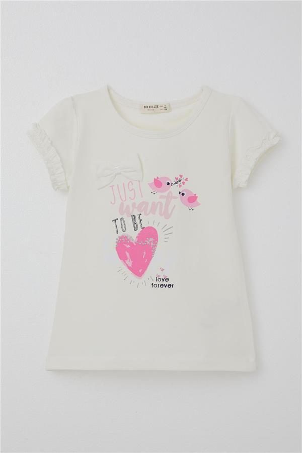 Girls' T-shirt with Cute Bird Print and Heart Design, Off-White (Ages 1-4)