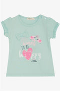 Baby Girl T-Shirt with Cute Bird Print and Heart Design, Aqua Green (1-2 Years)