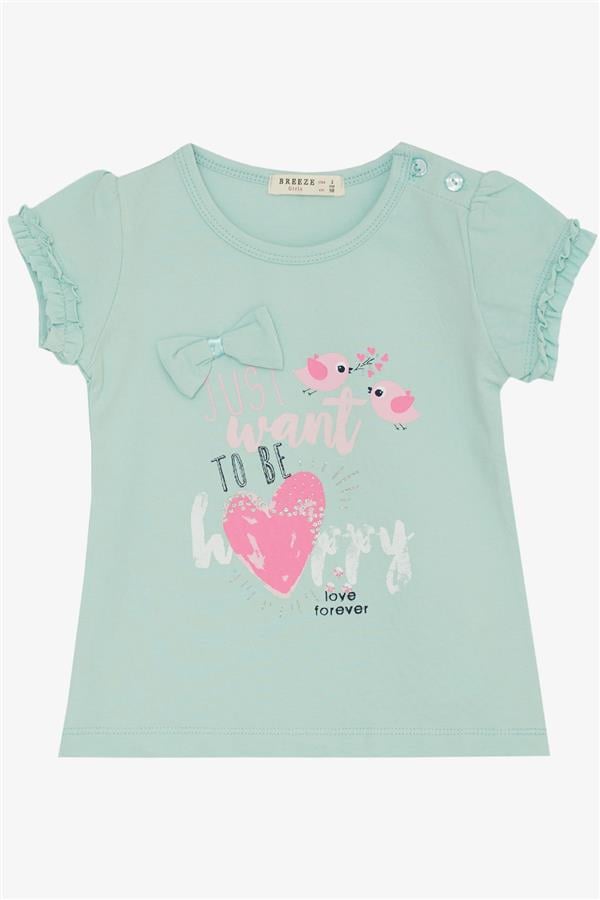 Baby Girl T-Shirt with Cute Bird Print and Heart Design, Aqua Green (1-2 Years)