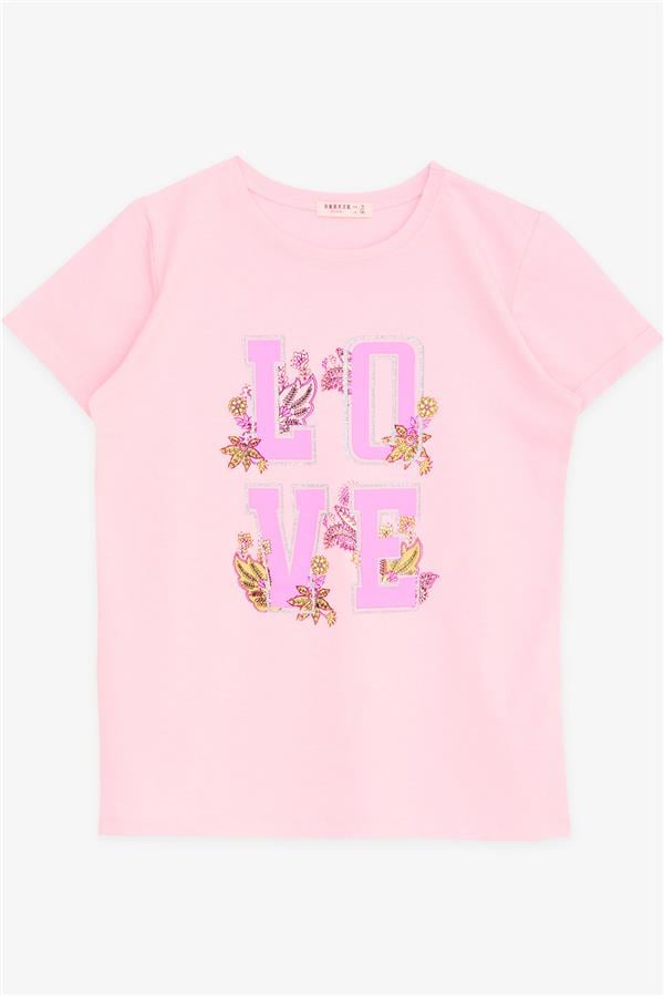 Girls' T-Shirt with Glitter, Text, and Flower Print, Neon Pink (Ages 10-16)