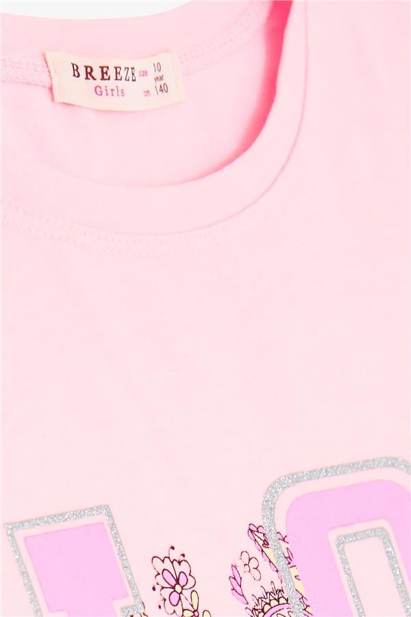 Girls' T-Shirt with Glitter, Text, and Flower Print, Neon Pink (Ages 10-16)