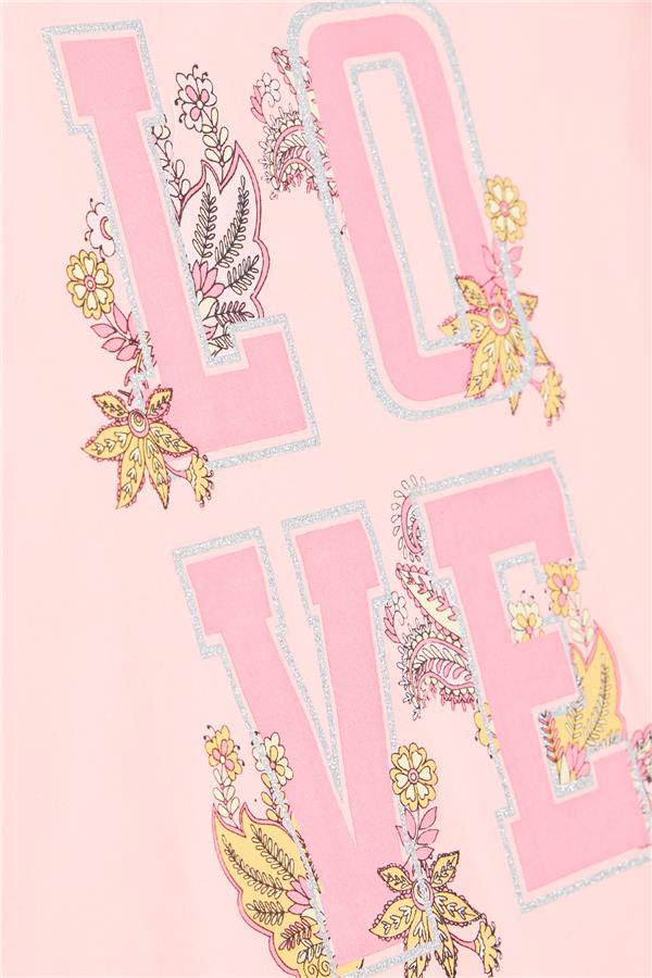 Girls' T-Shirt with Glittery Text and Flower Print, Salmon (Ages 10-16)