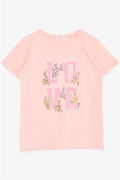 Girls' T-Shirt with Glittery Text and Flower Print, Salmon (Ages 10-16)
