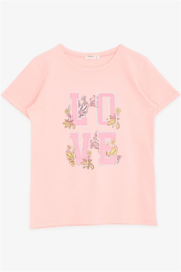 Girls' T-Shirt with Glittery Text and Flower Print, Salmon (Ages 10-16)