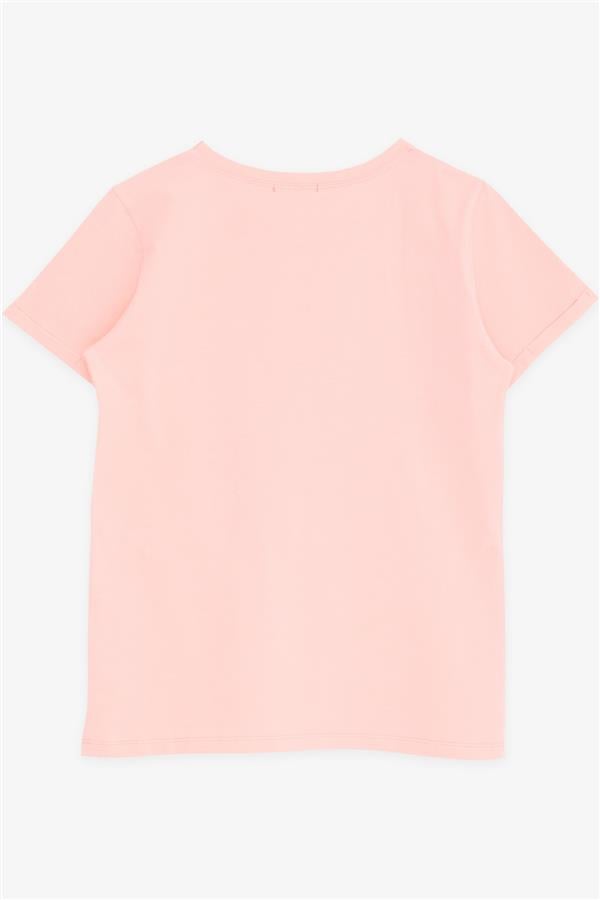 Girls' T-Shirt with Glittery Text and Flower Print, Salmon (Ages 10-16)