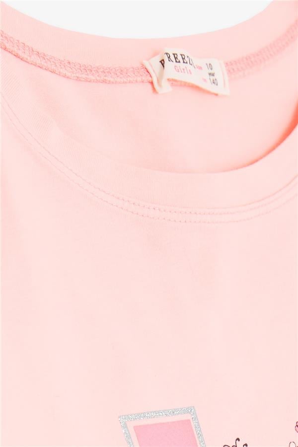 Girls' T-Shirt with Glittery Text and Flower Print, Salmon (Ages 10-16)