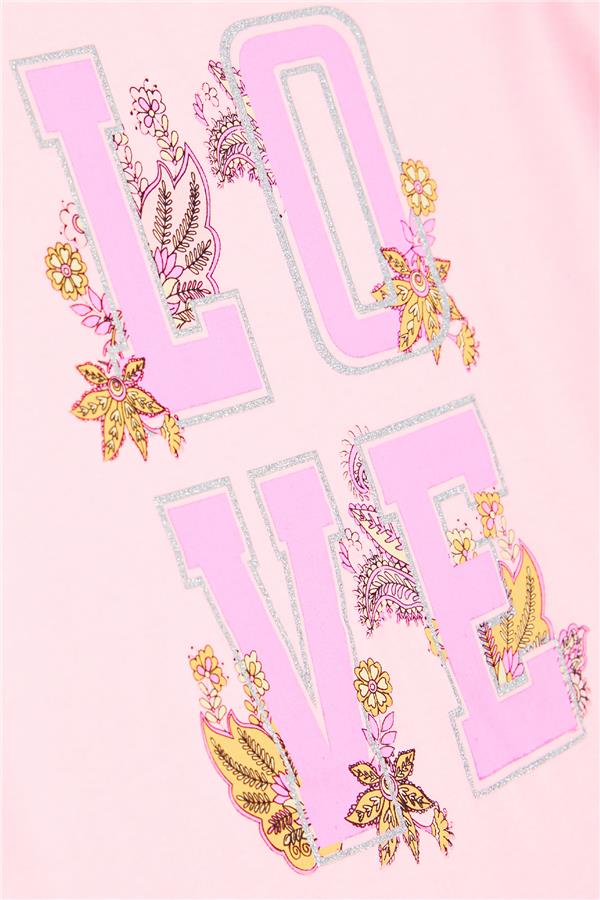 Girls' T-Shirt with Glitter, Text, and Flower Print, Neon Pink (Ages 10-16)