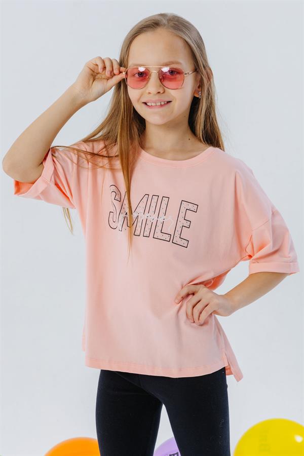 Girls' T-shirt with Smile Text Print, Rhinestone Embellished, Salmon Color (Ages 9-16)