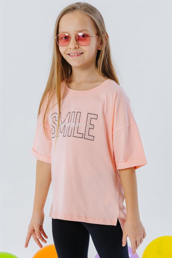 Girls' T-shirt with Smile Text Print, Rhinestone Embellished, Salmon Color (Ages 9-16)