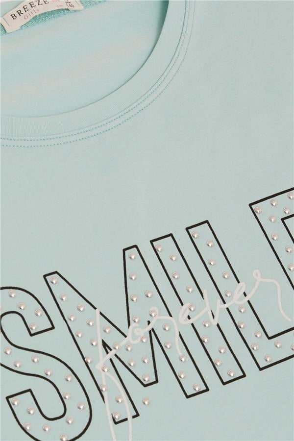 Girls' T-shirt with Smile Text Print, Rhinestone Embellished, Aqua Green (Ages 9-16)