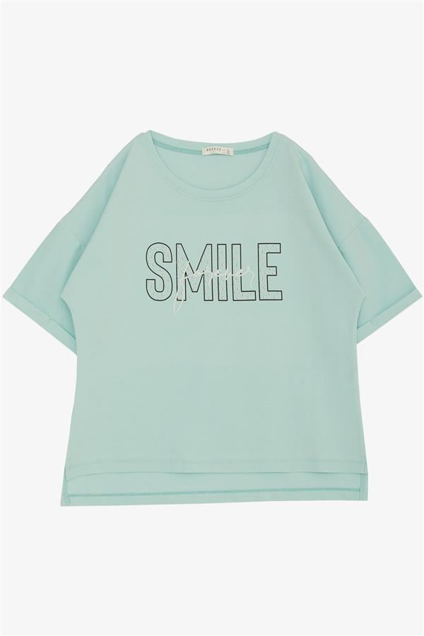 Girls' T-shirt with Smile Text Print, Rhinestone Embellished, Aqua Green (Ages 9-16)