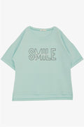 Girls' T-shirt with Smile Text Print, Rhinestone Embellished, Aqua Green (Ages 9-16)