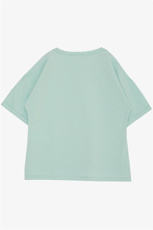 Girls' T-shirt with Smile Text Print, Rhinestone Embellished, Aqua Green (Ages 9-16)