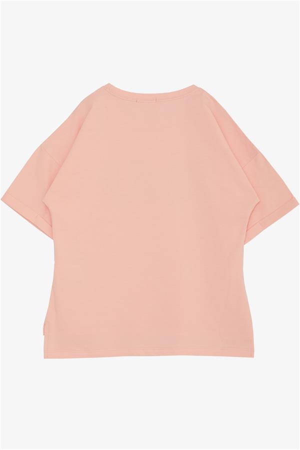 Girls' T-shirt with Smile Text Print, Rhinestone Embellished, Salmon Color (Ages 9-16)