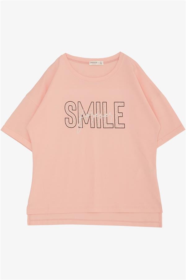 Girls' T-shirt with Smile Text Print, Rhinestone Embellished, Salmon Color (Ages 9-16)