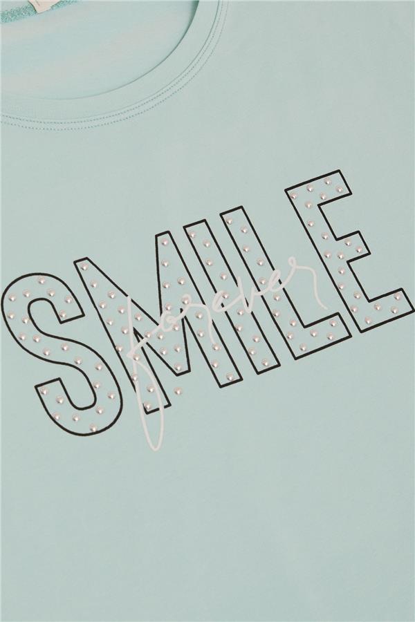 Girls' T-shirt with Smile Text Print, Rhinestone Embellished, Aqua Green (Ages 9-16)