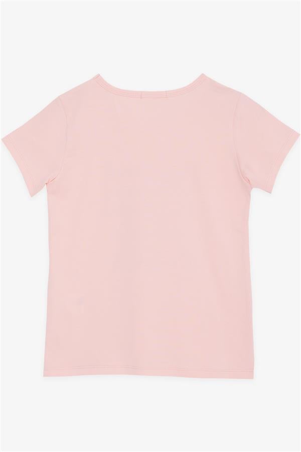 Girls' T-Shirt with Rhinestone and Text Print, Salmon Color (Ages 8-14)