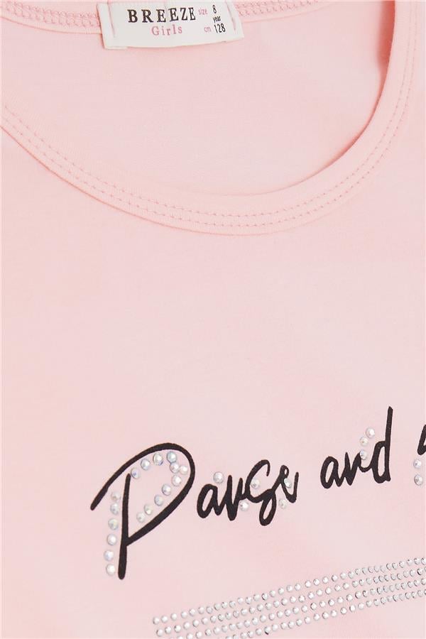 Girls' T-Shirt with Rhinestone and Text Print, Salmon Color (Ages 8-14)