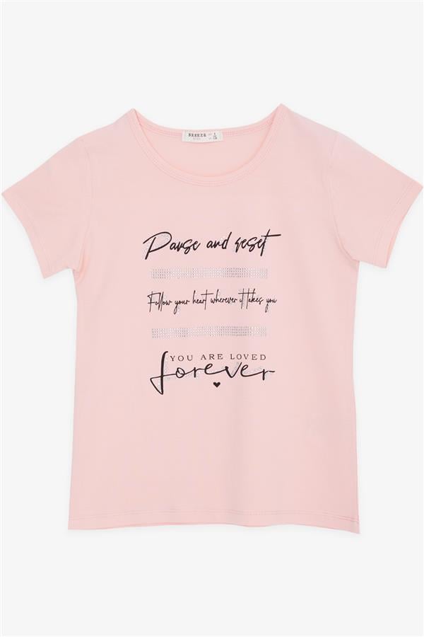 Girls' T-Shirt with Rhinestone and Text Print, Salmon Color (Ages 8-14)