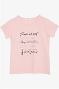 Girls' T-Shirt with Rhinestone and Text Print, Salmon Color (Ages 8-14)