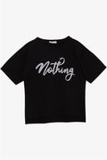 Girls' T-Shirt with Rhinestone and Text Print, Black (Ages 9-16)