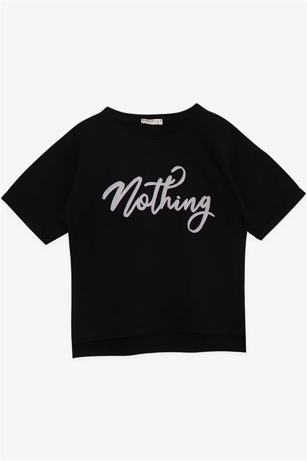 Girls' T-Shirt with Rhinestone and Text Print, Black (Ages 9-16)