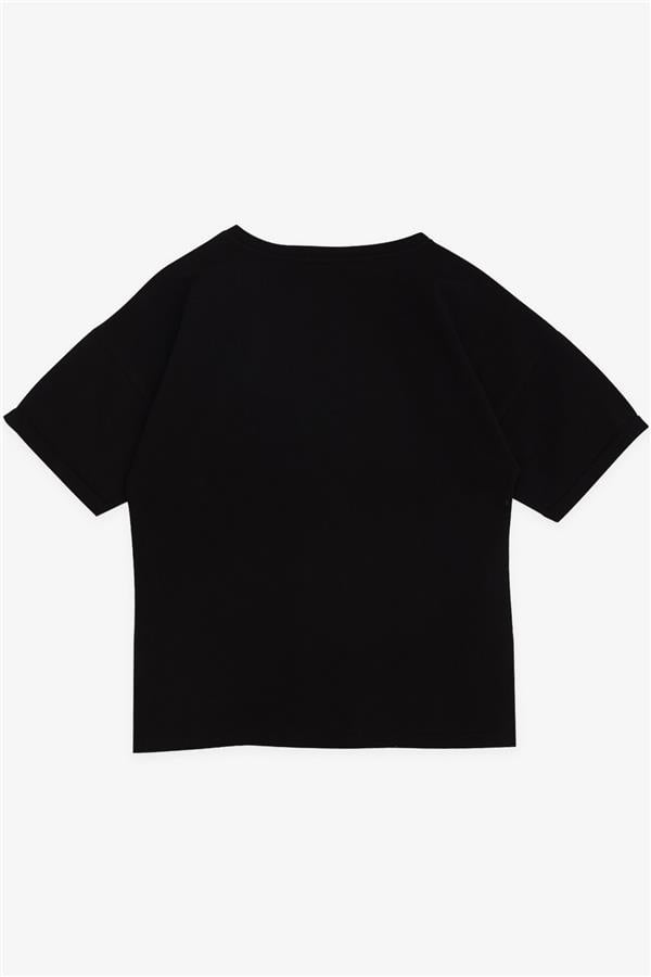 Girls' T-Shirt with Rhinestone and Text Print, Black (Ages 9-16)