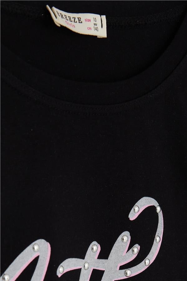 Girls' T-Shirt with Rhinestone and Text Print, Black (Ages 9-16)
