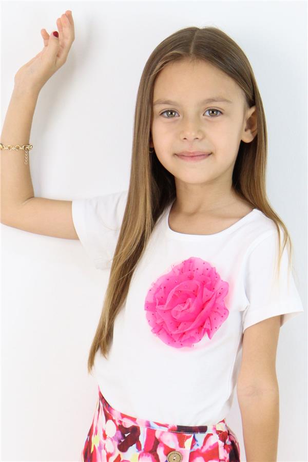 Girls' T-shirt with Tulle Flower Accessory, White (Ages 5-10)