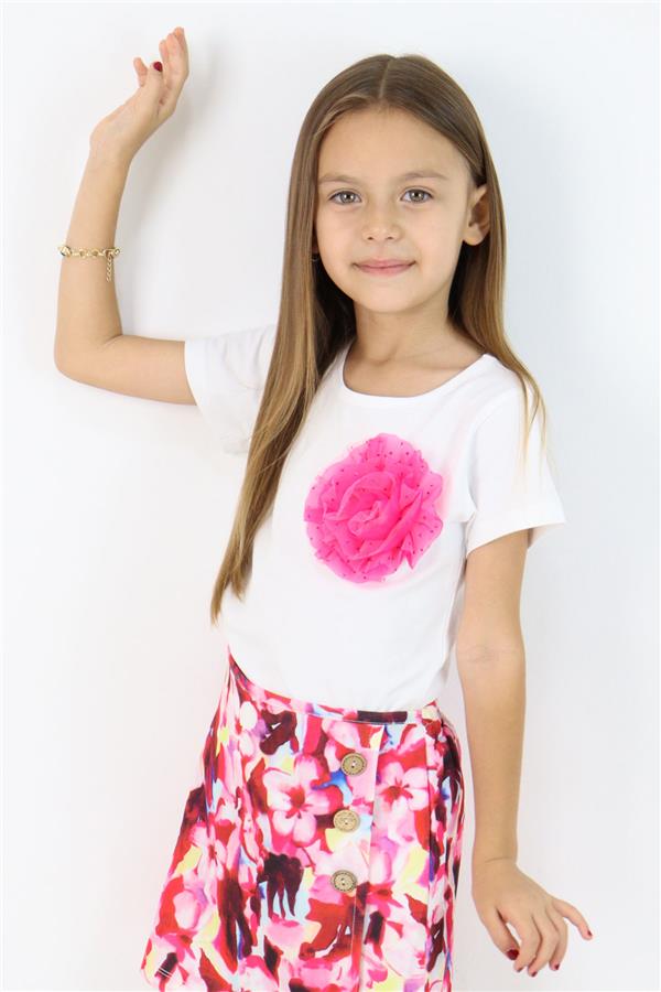 Girls' T-shirt with Tulle Flower Accessory, White (Ages 5-10)