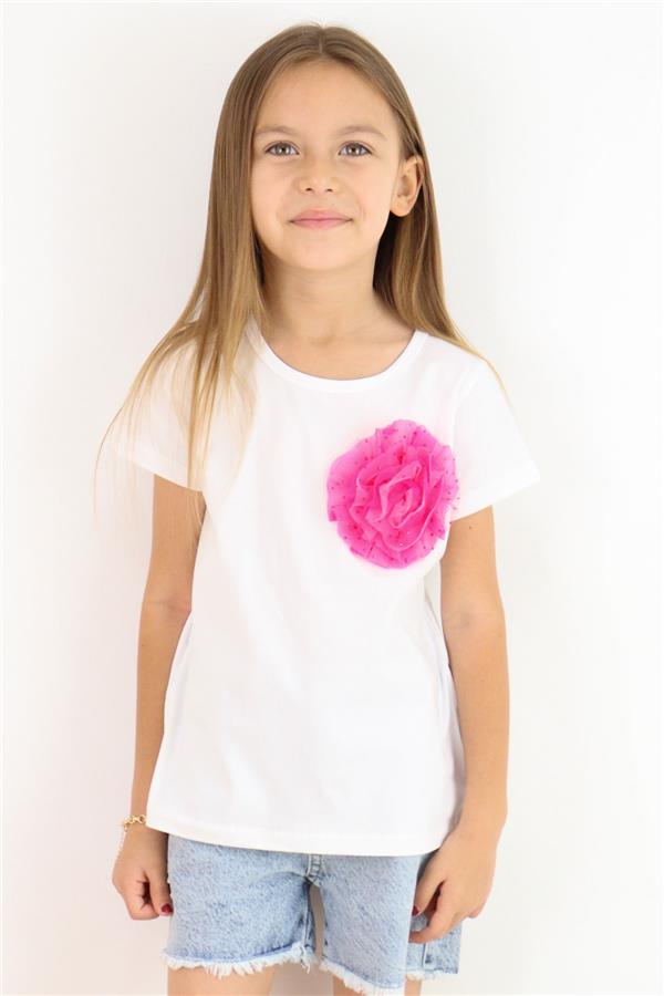 Girls' T-shirt with Tulle Flower Accessory, White (Ages 5-10)