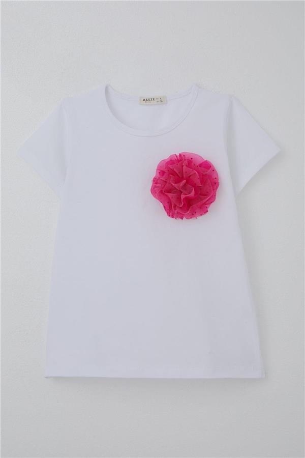 Girls' T-shirt with Tulle Flower Accessory, White (Ages 5-10)