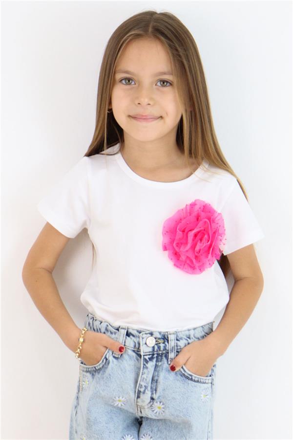 Girls' T-shirt with Tulle Flower Accessory, White (Ages 5-10)