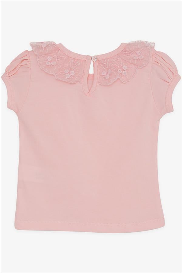 Pink Baby Girl T-Shirt with Lace Embroidered Collar (1-2 Years)