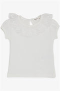 Girls' T-shirt with Lace Embroidered Collar, Ecru (Ages 1-4)