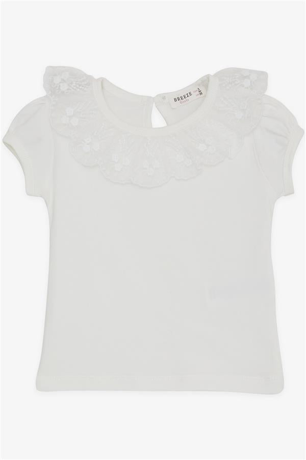 Girls' T-shirt with Lace Embroidered Collar, Ecru (Ages 1-4)