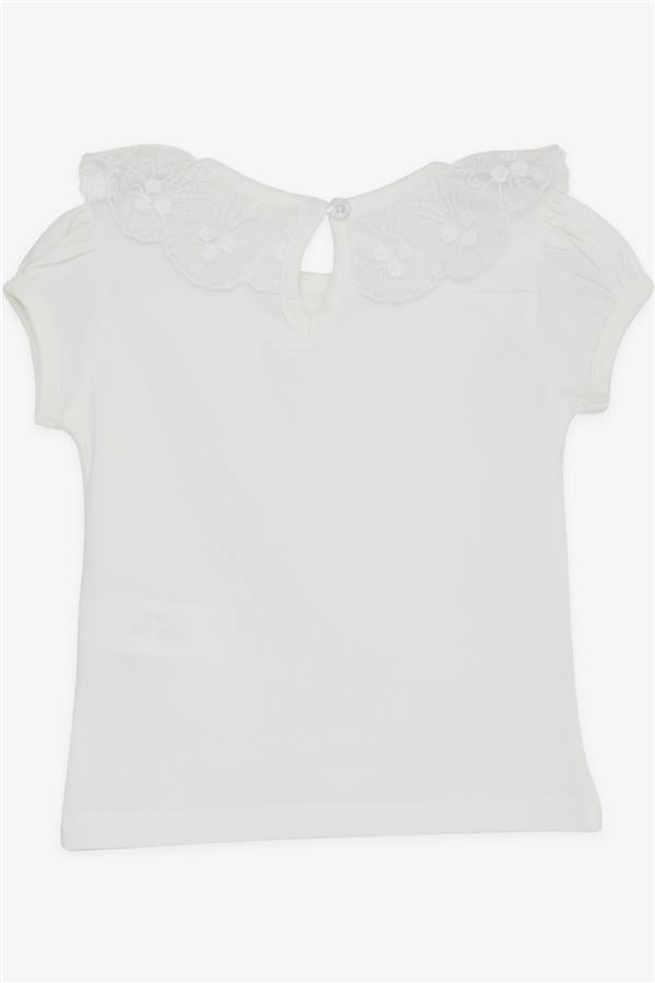 Girls' T-shirt with Lace Embroidered Collar, Ecru (Ages 1-4)
