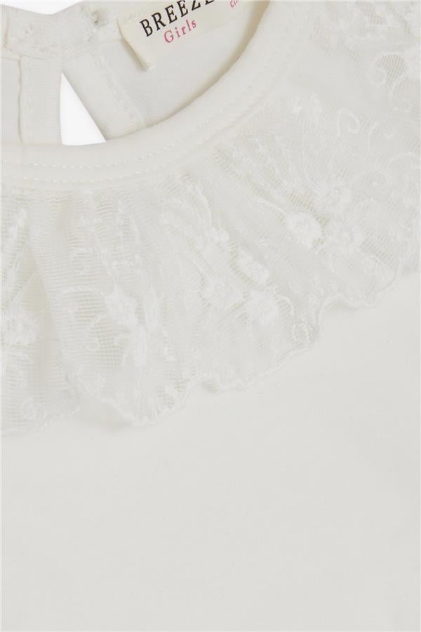 Girls' T-shirt with Lace Embroidered Collar, Ecru (Ages 1-4)