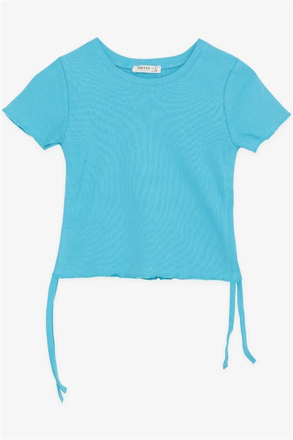 Girls' T-shirt with Gathered Sides, Light Blue (Ages 8-14)