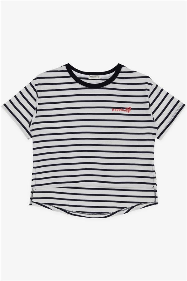 Girls' T-shirt with Printed Text, Short Striped Front, White (Ages 9-16)
