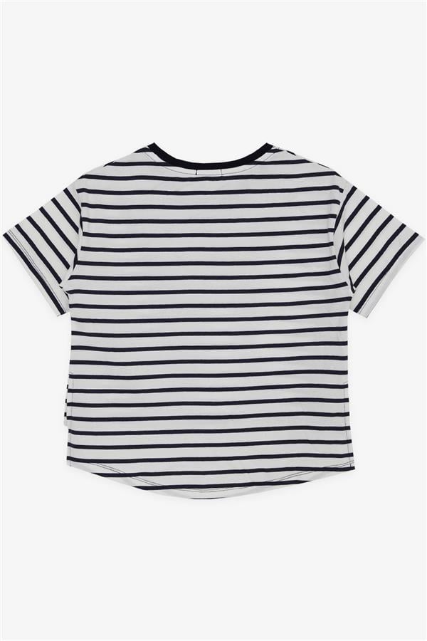 Girls' T-shirt with Printed Text, Short Striped Front, White (Ages 9-16)