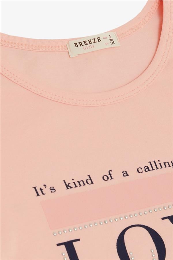 Girls' Pink T-Shirt with Text Print and Rhinestones (Ages 8-14)