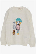 Girl's Knitted Sweater with Sequins and Embroidery, Girl Print, Ecru (1.5-3 Years)