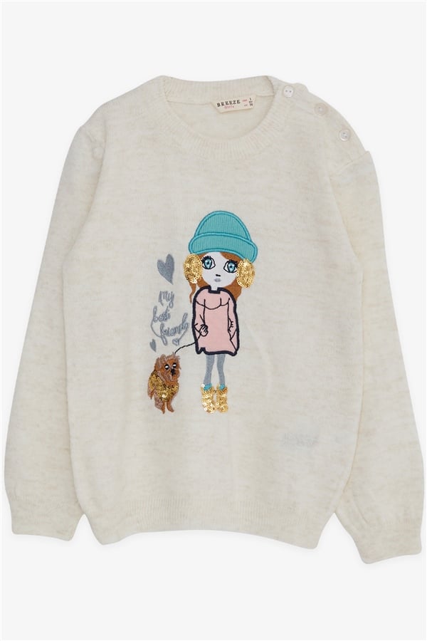 Girl's Knitted Sweater with Sequins and Embroidery, Girl Print, Ecru (1.5-3 Years)