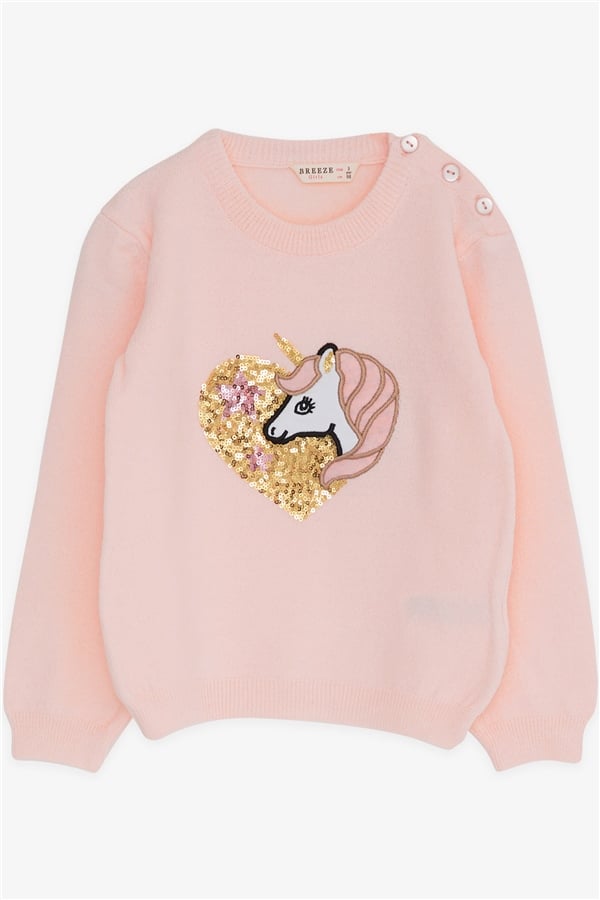Baby Girl Knitted Sweater with Sequin Unicorn Print, Powder Pink (1.5-2 Years)