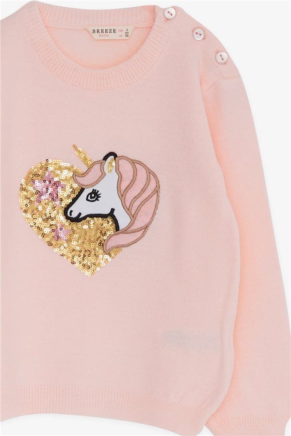 Baby Girl Knitted Sweater with Sequin Unicorn Print, Powder Pink (1.5-2 Years)