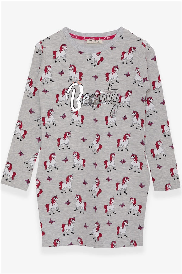 Girls' Tunic with Unicorn Pattern, Light Grey Melange (4-5 Years)
