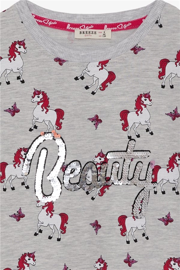 Girls' Tunic with Unicorn Pattern, Light Grey Melange (4-5 Years)