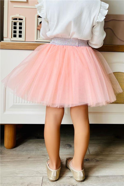 Girls' Tutu Skirt with Glitter Detail and Elastic Waistband, Salmon Color (Ages 5-10)