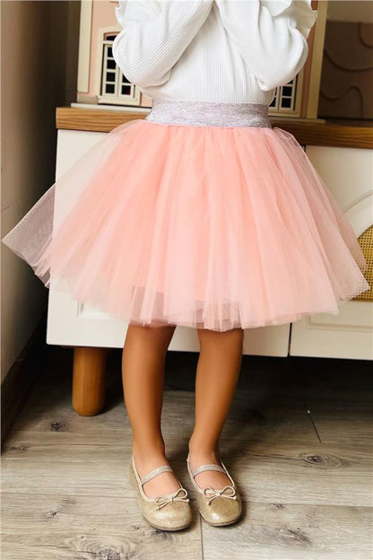 Girls' Tutu Skirt with Glitter Detail and Elastic Waistband, Salmon Color (Ages 5-10)
